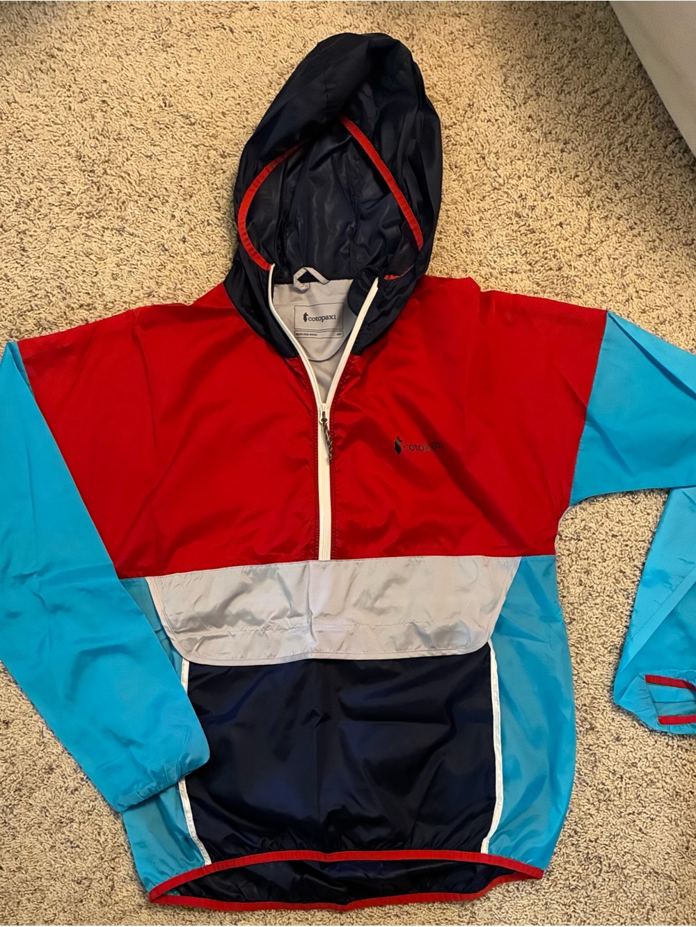cotopaxi Colorblock Hooded Rain Jacket - Red, Navy, Light Blue